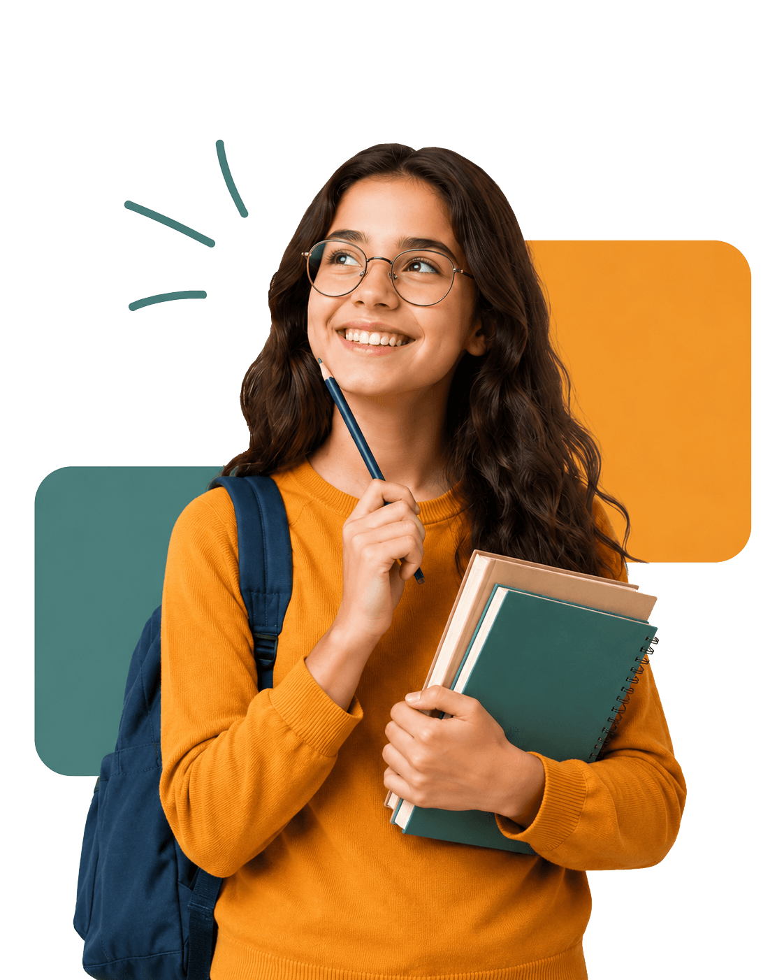 Estudante sorridente com mochila, segurando livros e um lápis, olhando para cima com expressão pensativa