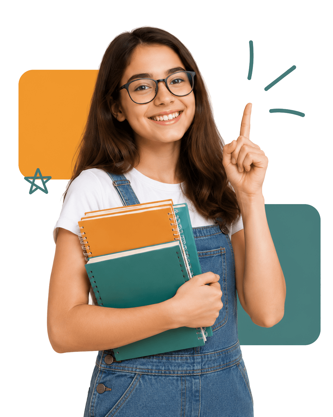 Estudante sorridente com livros no colo, apontando para cima com o dedo indicador