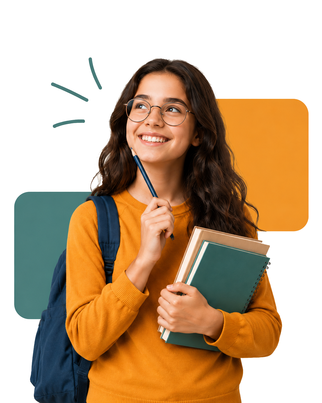 Estudante sorridente com mochila, segurando livros e um lápis, olhando para cima com expressão pensativa