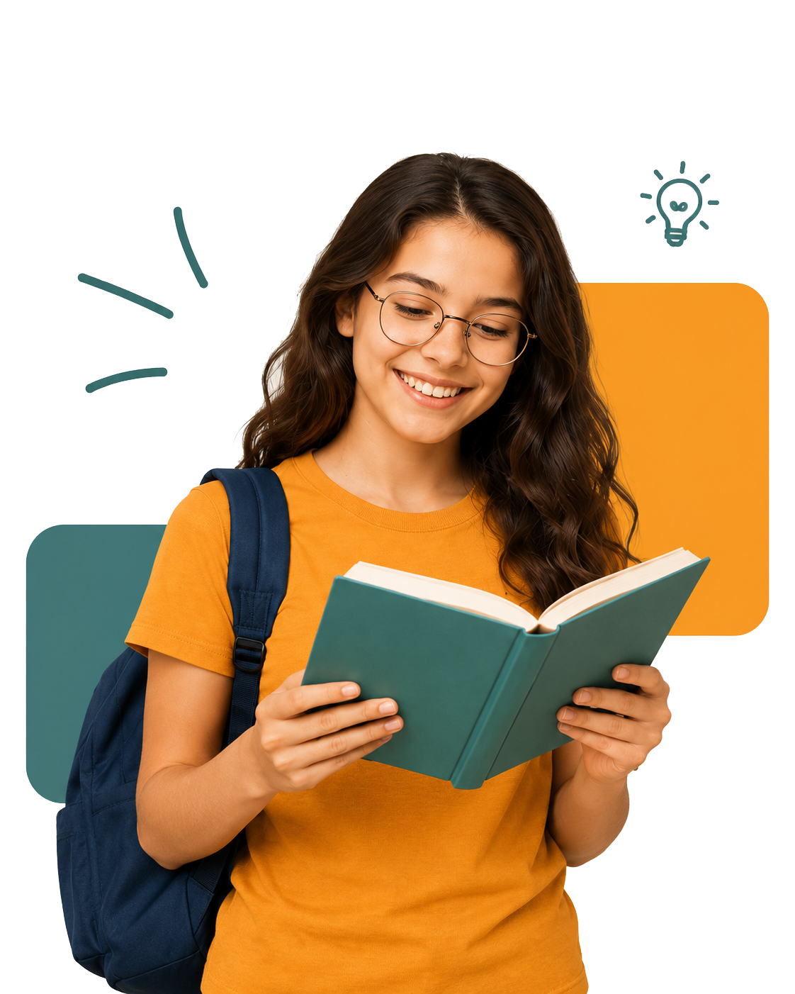 Estudante sorridente com mochila, lendo um livro
