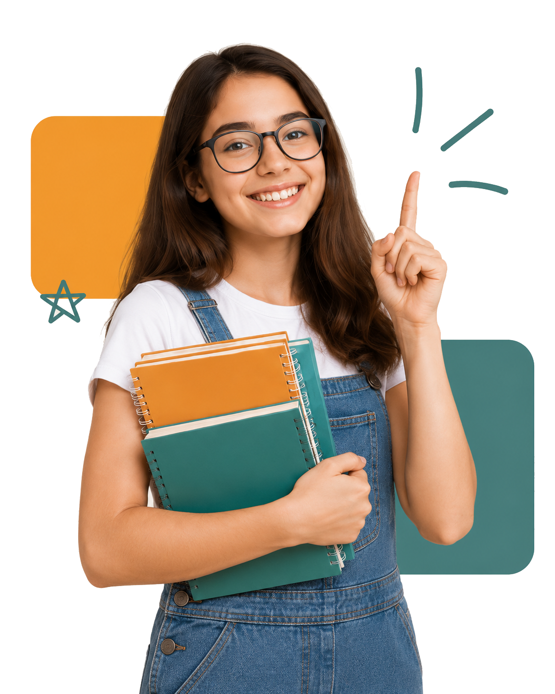 Estudante sorridente com livros no colo, apontando para cima com o dedo indicador